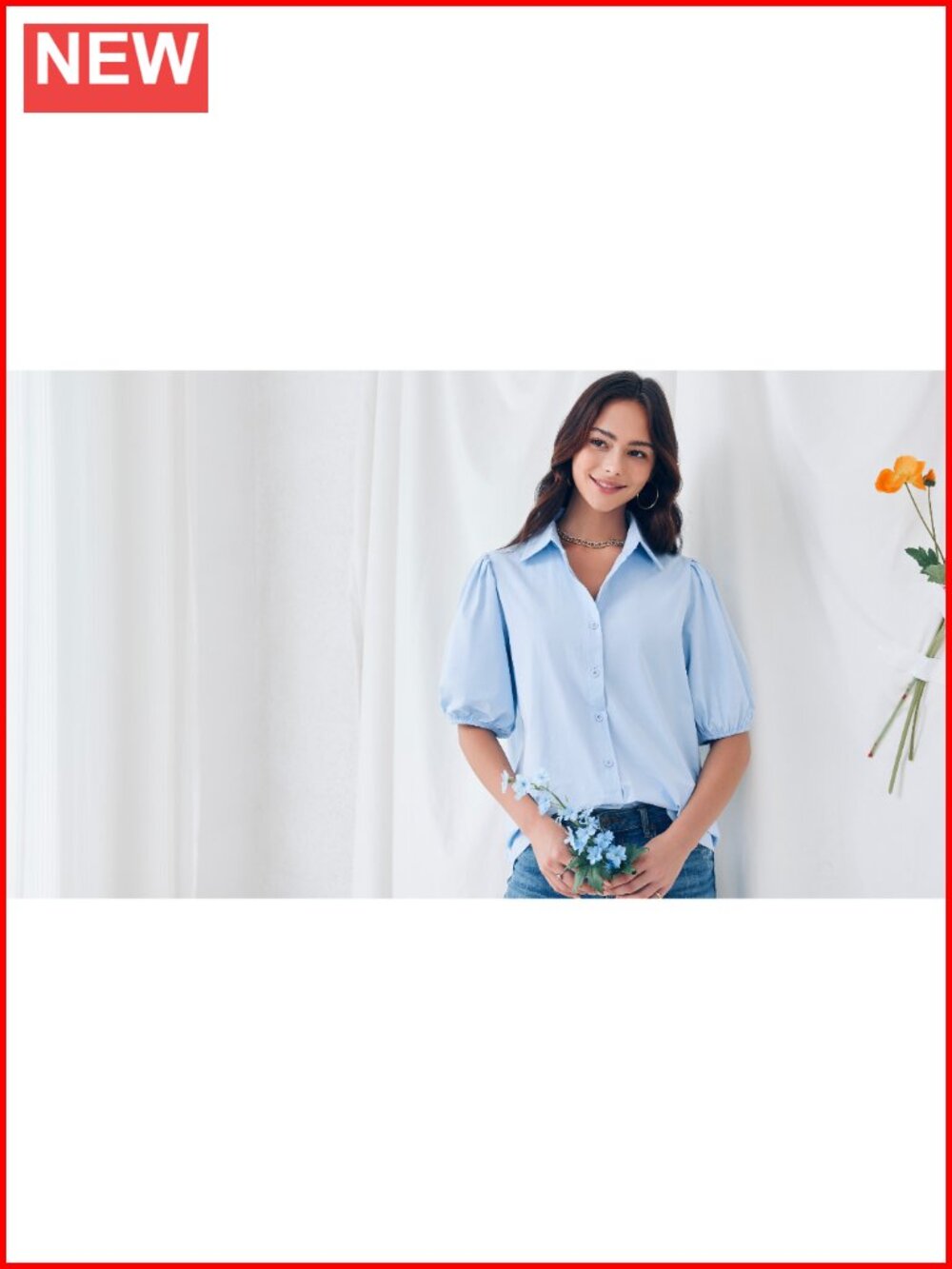 Women's Cotton Button Down Shirt with Puff Sleeves - Loose Fit Summer Top - Picture 6 of 6
